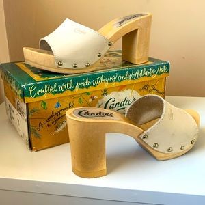 Vtg 80s Candies Original Clog Sandals Heels Slides in sand color leather upper